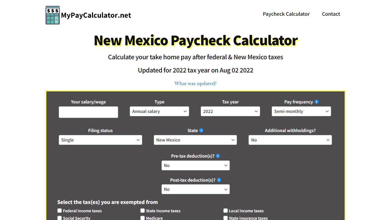 New Mexico Paycheck Calculator | Tax year 2022 - MyPayCalculator.net